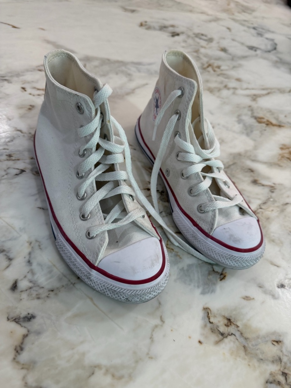 Converse Kids High-Top Canvas Sneakers in White with Red Stripe